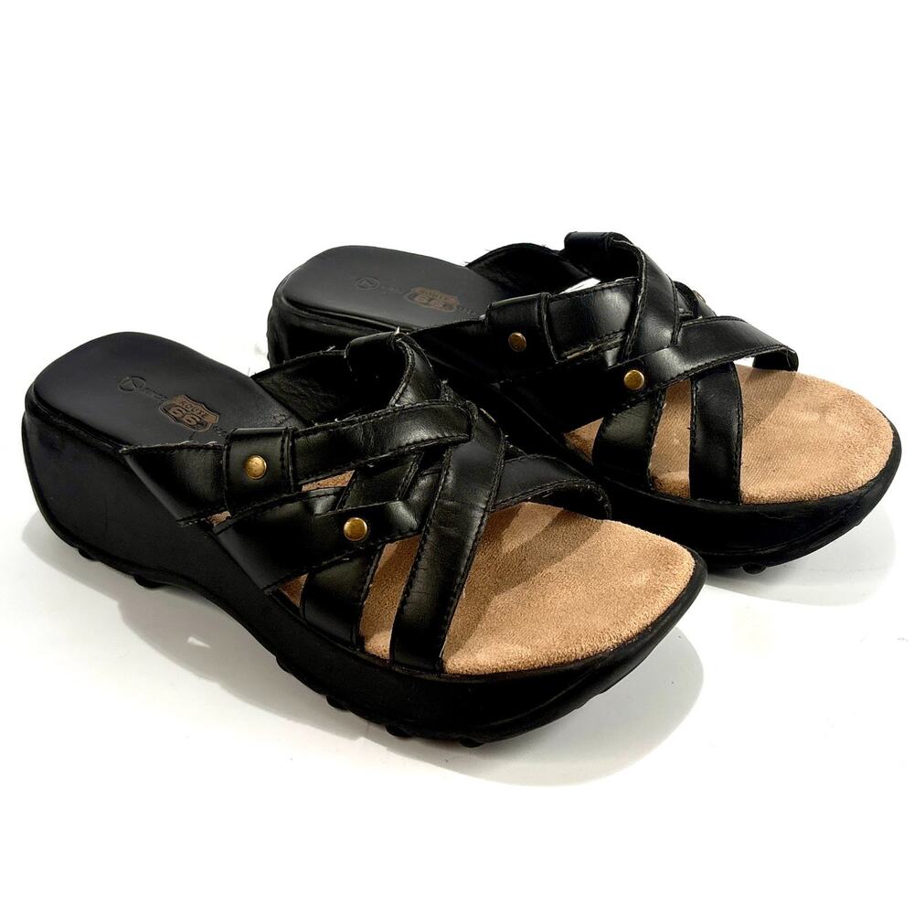 Vintage Y2K Chunky Sandals Black Leather Platform Shoes Sz 7 Womens Wedgies 90s